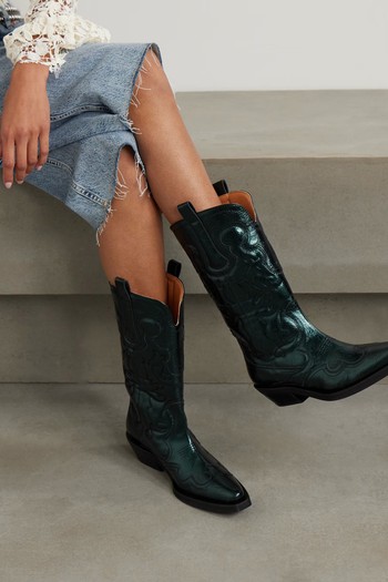 Embroidered Metallic Recycled Faux Leather Cowboy Boots from Ganni