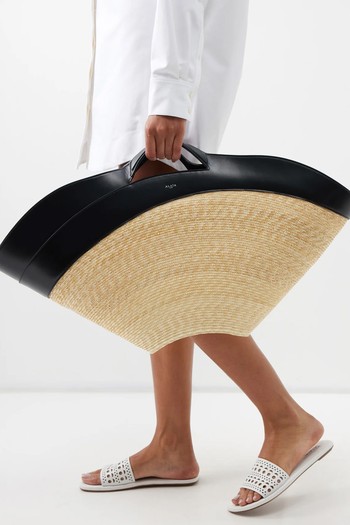 Khaima Leather-Trim Raffia Basket Bag from Alaïa