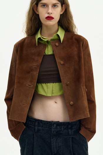 Collarless Suede Jacket from Source Unknown