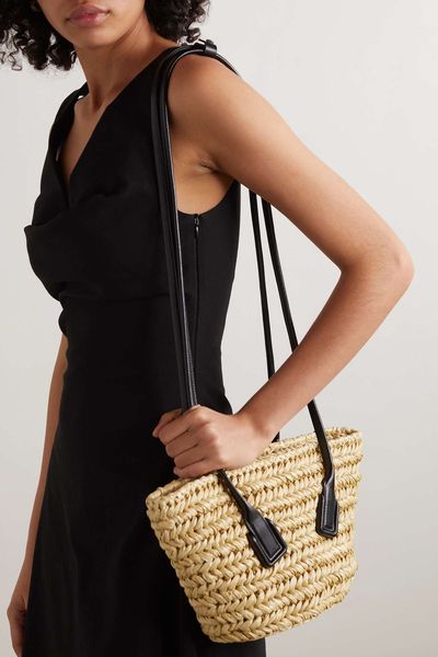 Arco Small Leather-Trimmed Raffia Shoulder Bag, AED 9,850 | Bottega Veneta