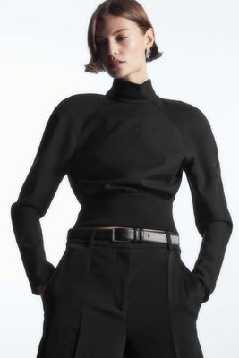 Power-Shoulder Open-Back Waisted Wool Top