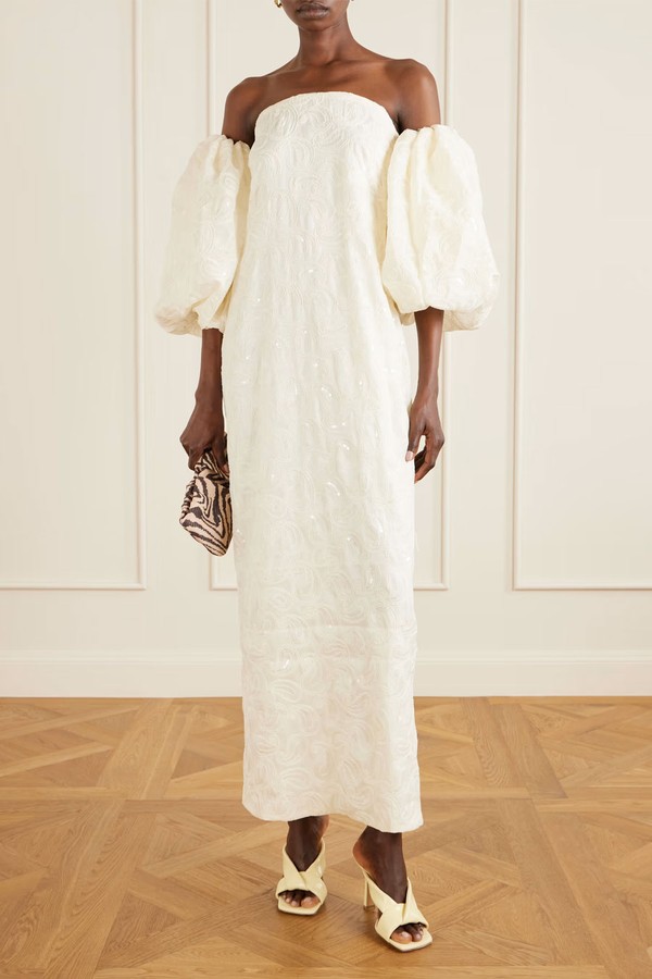 Off-The-Shoulder Embellished Embroidered Woven Gown from Dima Ayad