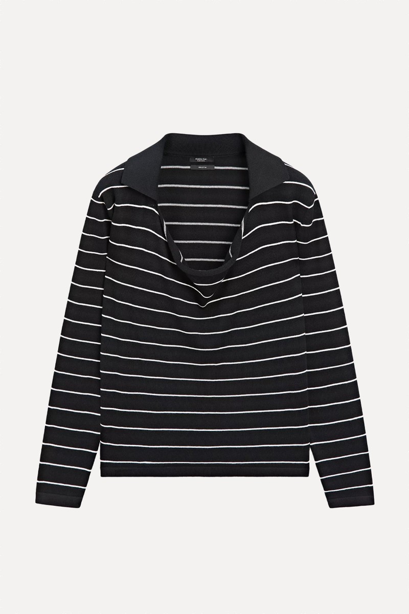 Cotton Striped Knit Polo Sweater