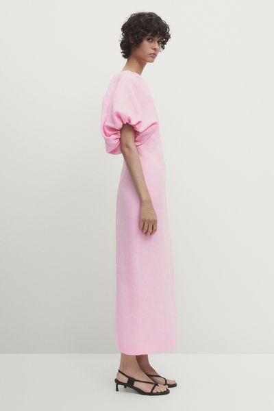 Long Linen Dress With Puff Sleeves