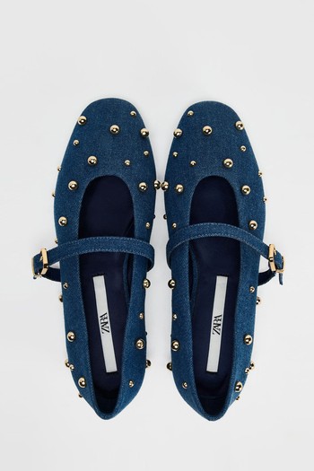 Studded Denim Effect Ballerinas