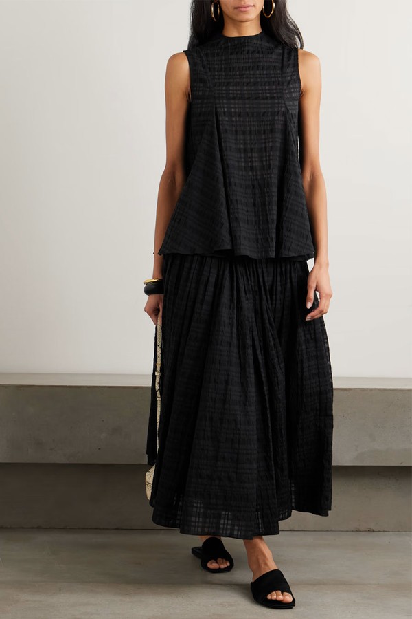 Satin-Trimmed Pleated Checked Gauze Maxi Skirt from Abadia
