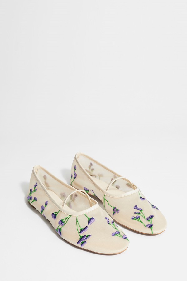 Floral-Embroidered Ballet Flats