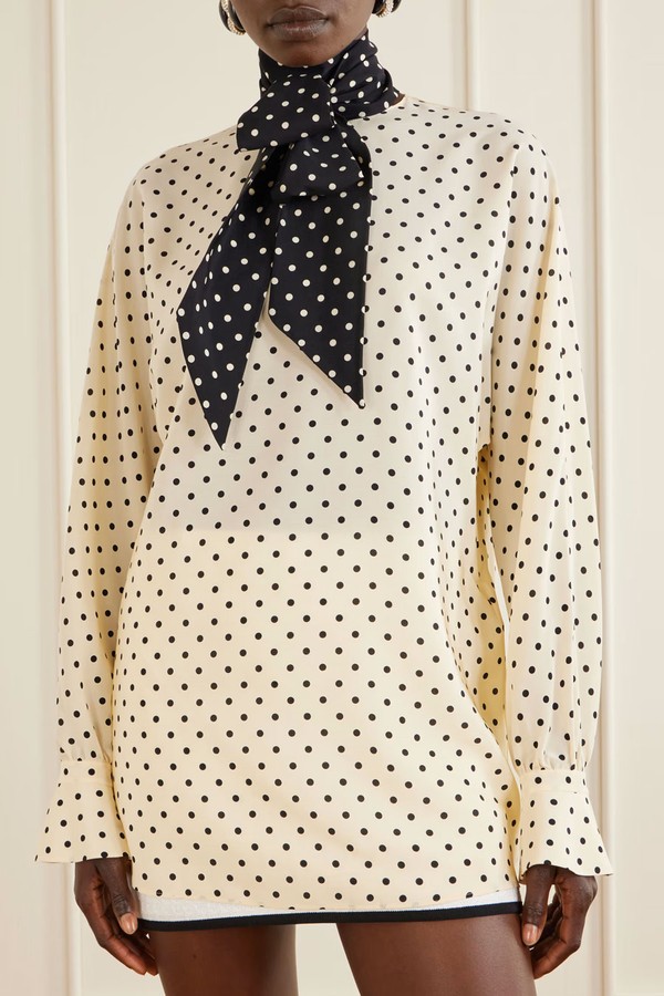 Scarf-Detailed Polka-Dot Silk Crepe De Chine Blouse from Valentino Garavani