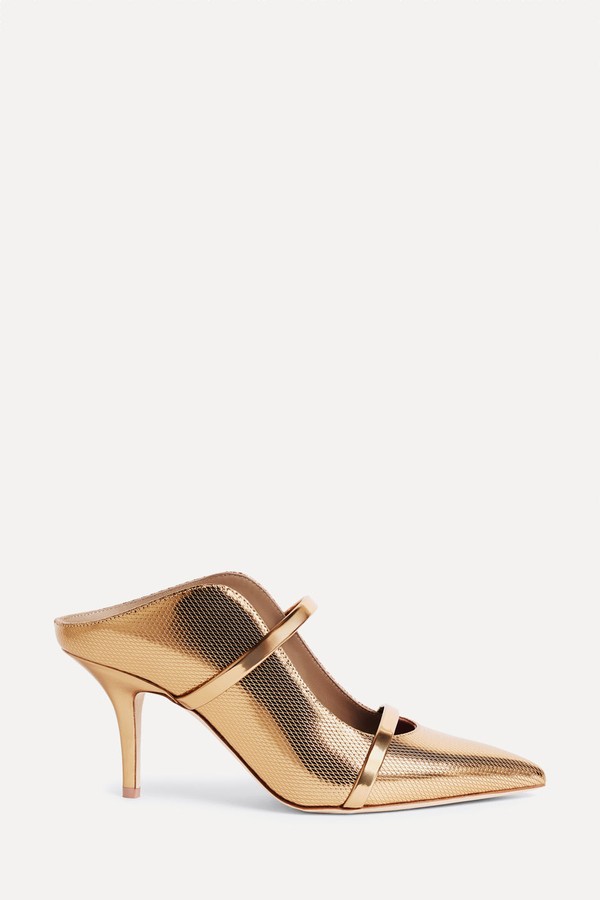 Maureen 70 Gold Embossed Leather Mules