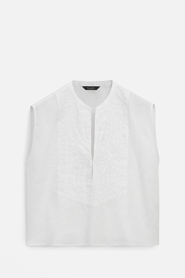 Linen Blend Blouse With Front Embroidery