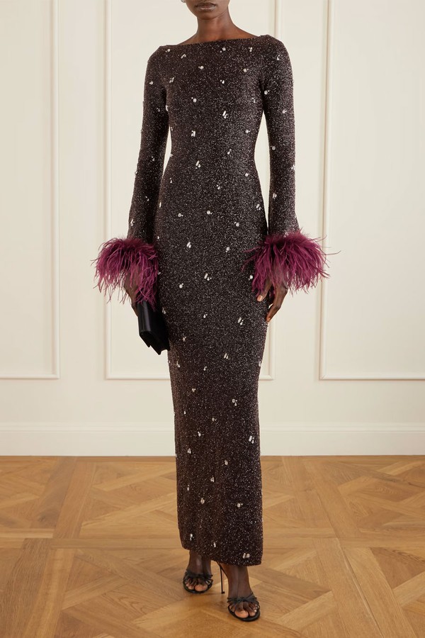 Mae Feather-Trimmed Embellished Beaded Tulle Gown from Clio Peppiatt
