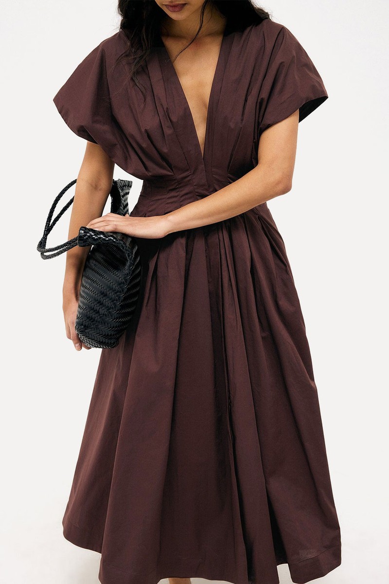 Cotton Pleated Short Sleeve Midi Dress