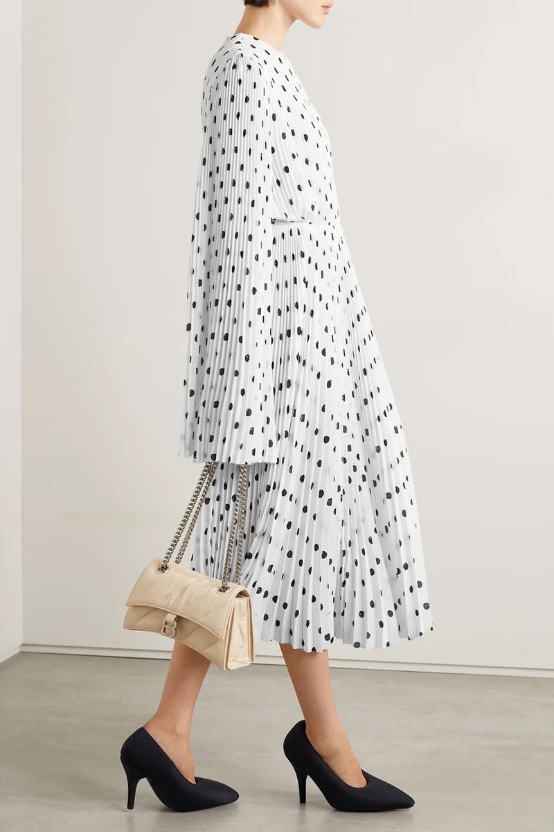 Pleated Polka-Dot Crepe Midi Dress from Balenciaga