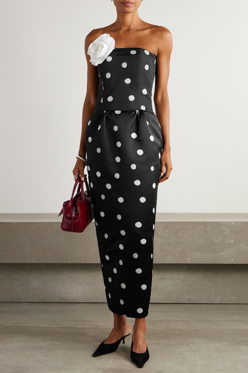 Lena Cropped Appliquéd Polka-Dot Taffeta Bustier Top from BERNADETTE