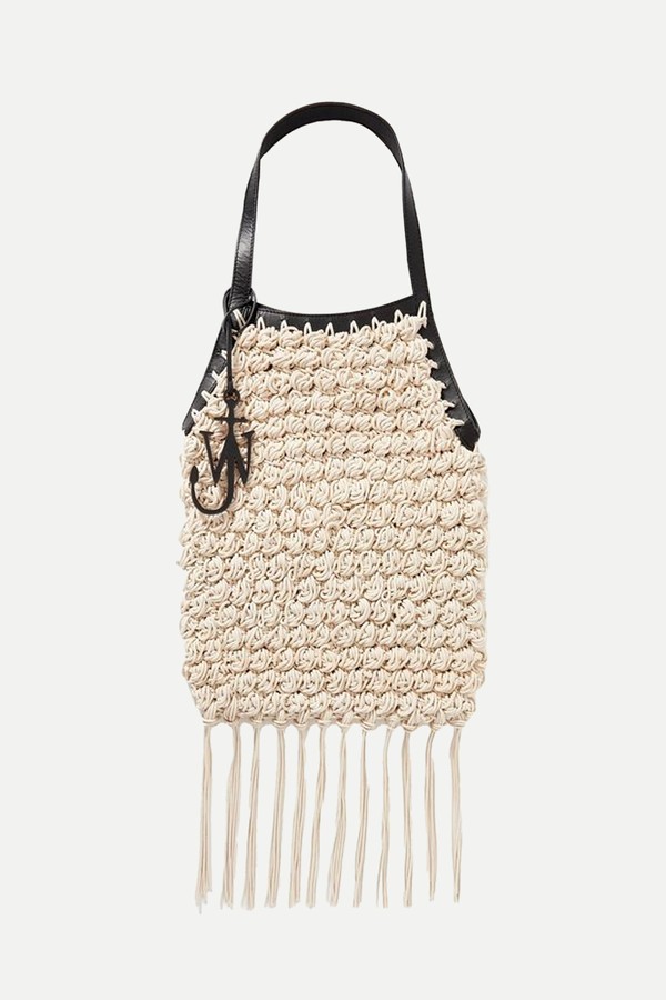 Popcorn Leather-Trimmed Fringed Crocheted Tote from JW Anderson