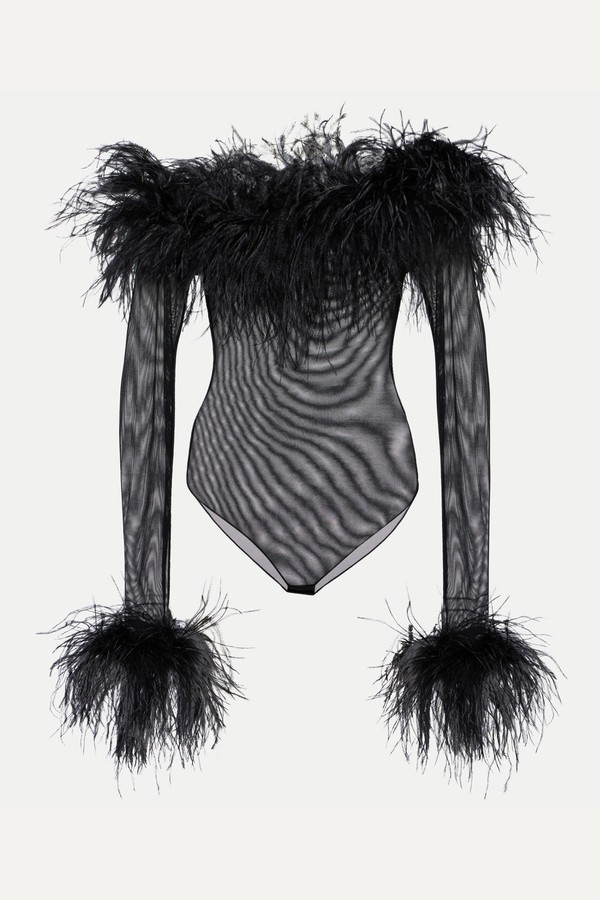 Feather-Trimmed Mesh Bodysuit from Oséree