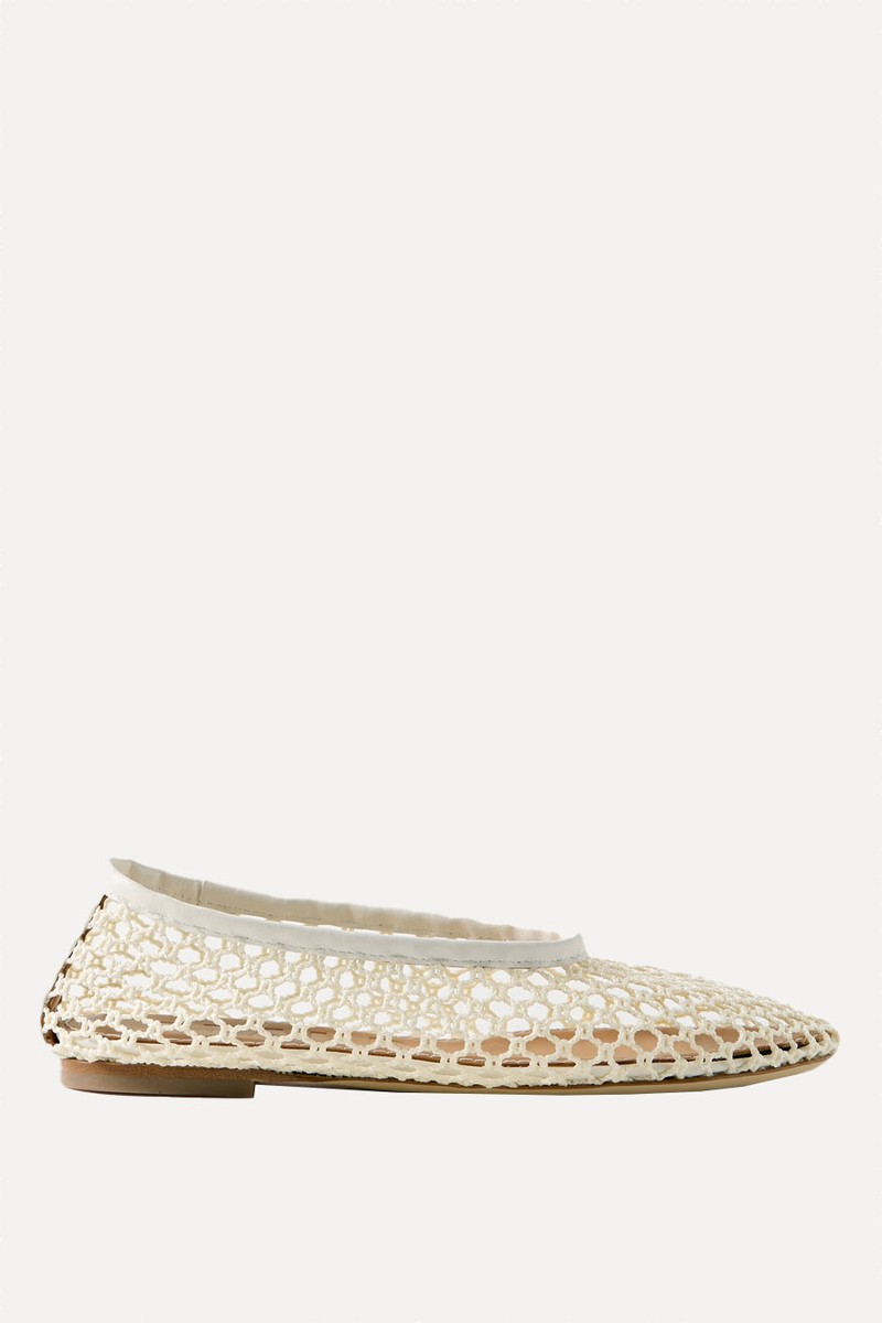 Alba Leather-Trimmed Crocheted Ballet Flats from Staud