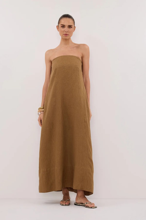 Kingsley Fern Linen Strapless Midi Dress from Dissh