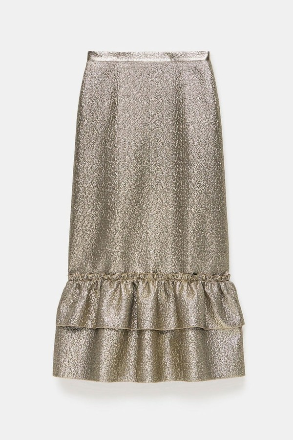 Gold Metallic Ruffle Hem Midi Skirt from Mint Velvet