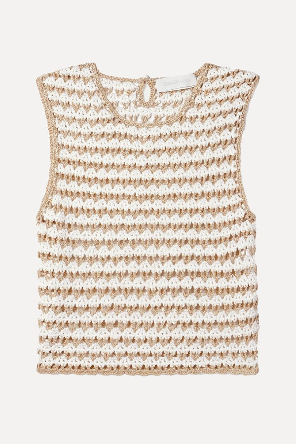 Tallow Cropped Striped Crocheted Cotton-Blend Tank from Zimmermann