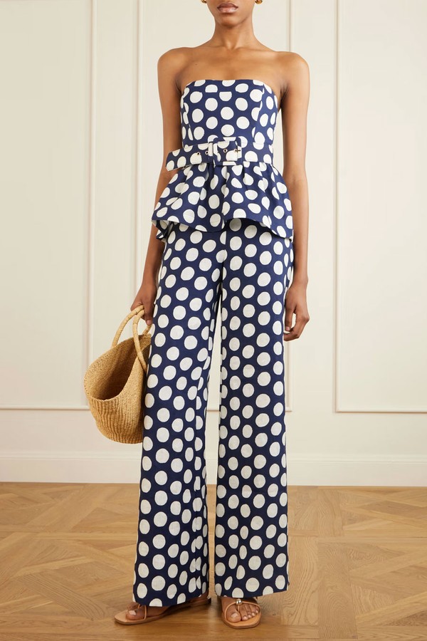 Tilda Strapless Belted Peplum Polka Dot Linen Top from CARA CARA