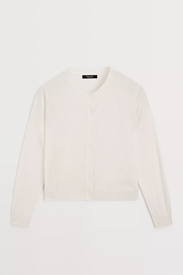 Wool Blend Knit Cardigan With Crew Neck