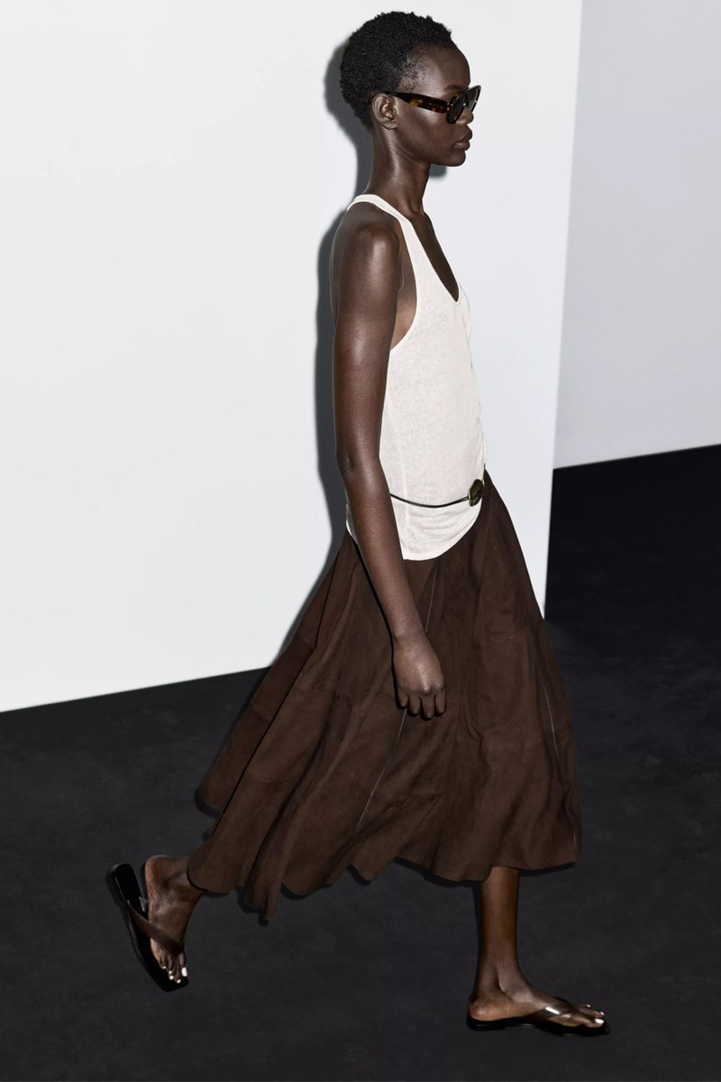 Suede Leather Flared Midi Skirt from Massimo Dutti