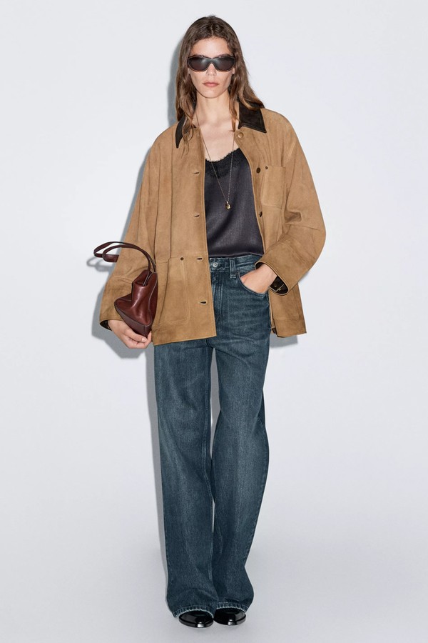 Suede Leather Jacket With Collar Detail from Massimo Dutti