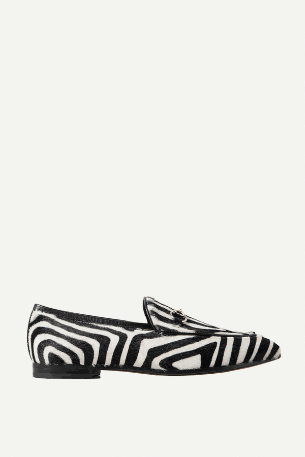 Jordaan Horsebit-Detailed Zebra-Print Calf Hair Loafers from Gucci