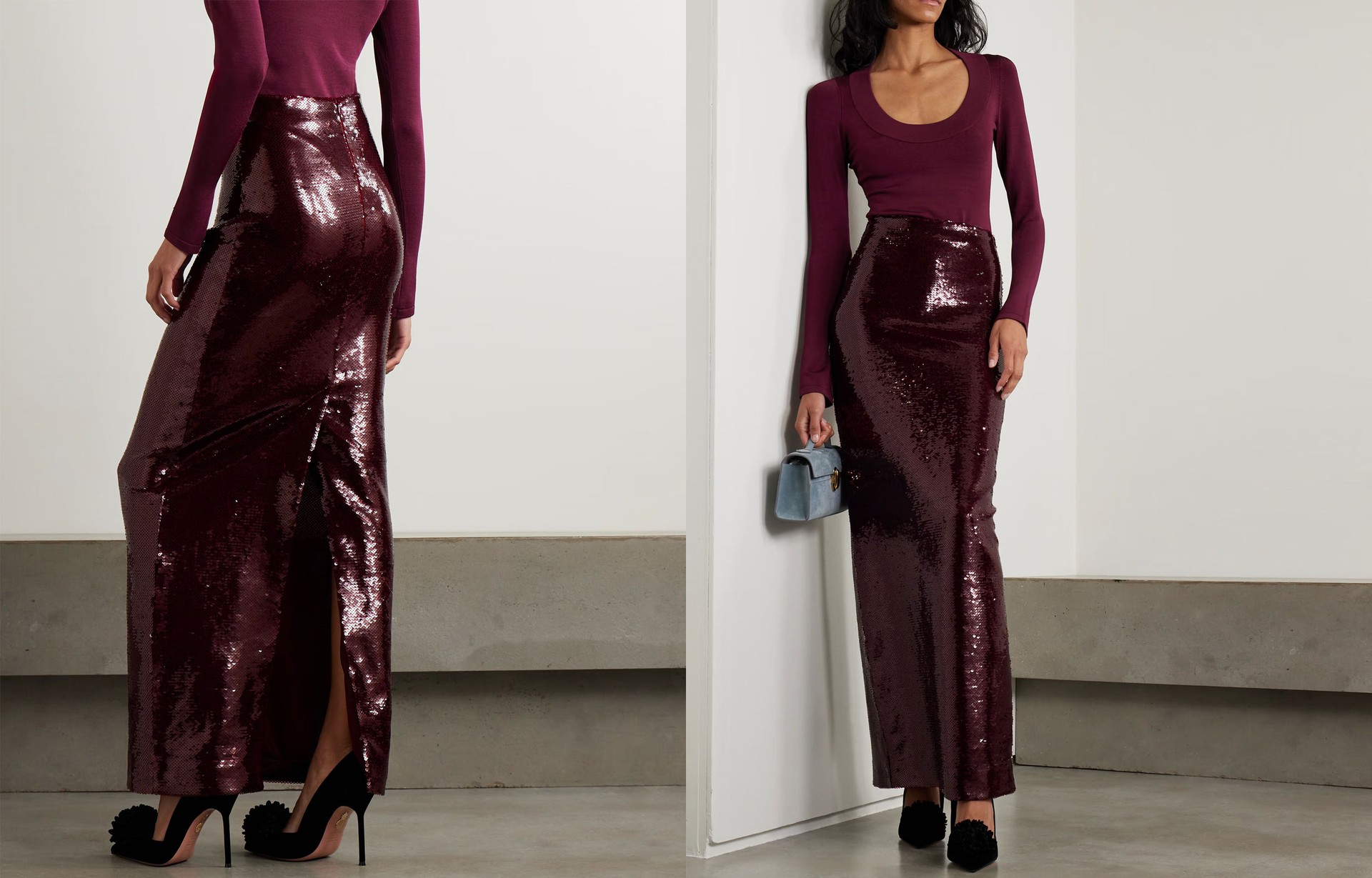 Diffusion Sequined Stretch-Mesh Maxi Skirt from Galvan