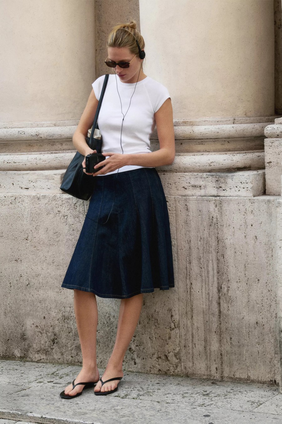 Denim Godet Midi Skirt