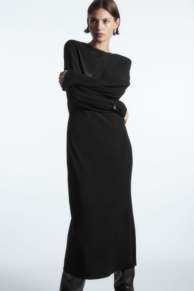 Power-Shoulder Midi Dress
