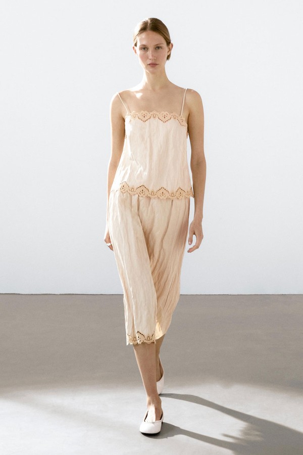 Flowing Midi Skirt With Blonde Lace Detail from Massimo Dutti
