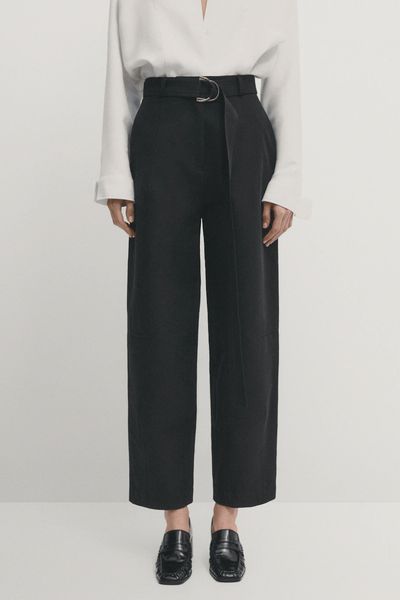 Black Barrel-Fit Trousers With Belt