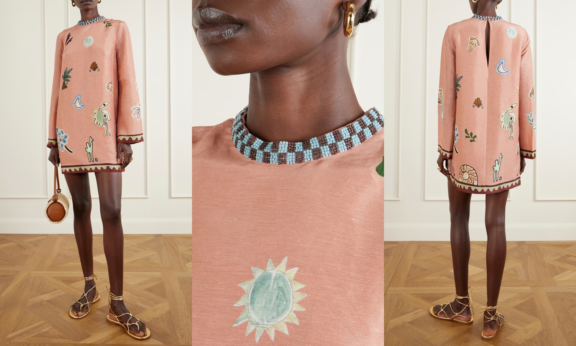 Laurence Bead-Embellished Printed Linen & Silk-Blend Mini Dress, AED 2,250 | Alémais