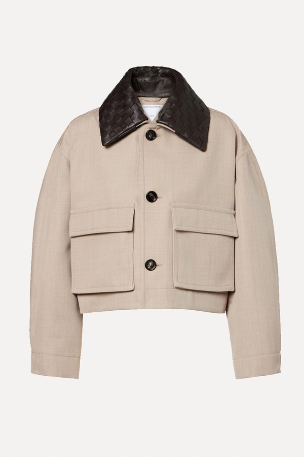 Cropped Leather-Trimmed Wool Jacket from Bottega Veneta