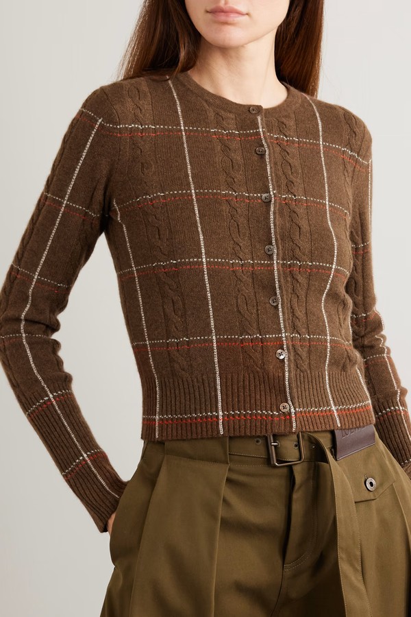 Jane Checked Cable-Knit Cashmere Cardigan from Guest in Residence