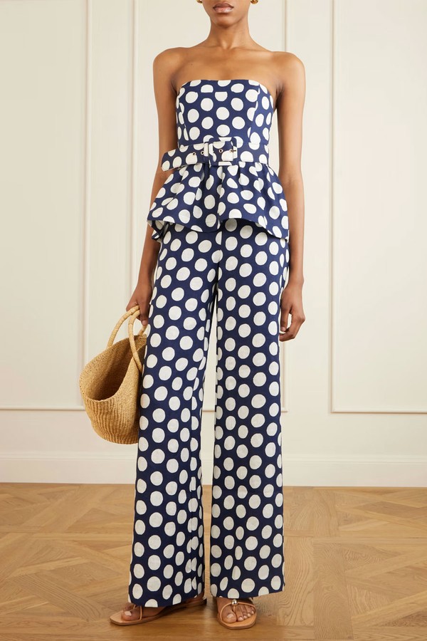 Tilda Strapless Belted Peplum Polka Dot Linen Top from Cara Cara