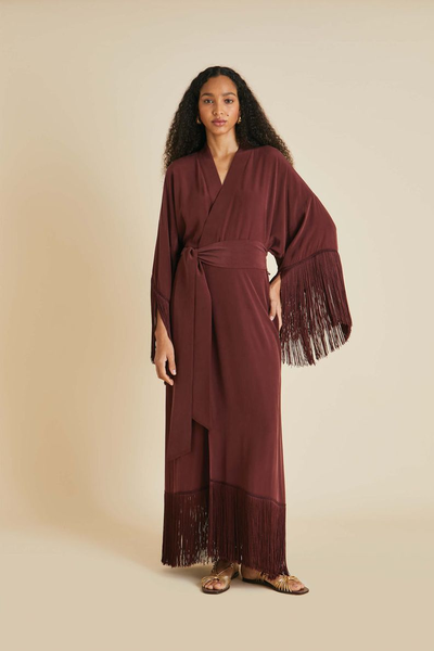 Amina Burgundy Fringed Robe from Olivia Von Halle