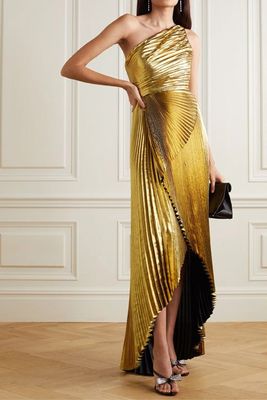 One Shoulder Pleated Gold Gown